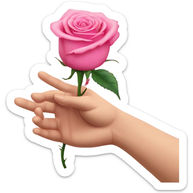 An image of a hand holding a pink rose, with a thorn piercing the skin, showing , symbolizing the pain of beauty or love sticker