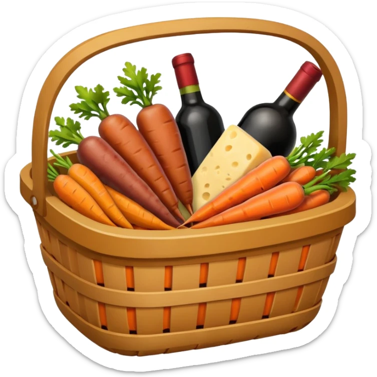 food basket with carrots, wine, sausages, cheese, simple and clear, emoji style sticker