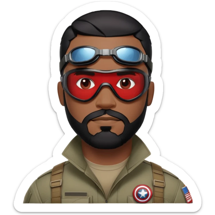 sam wilson have a short, neatly cropped black hair. It is evenly trimmed and close to the scalp, maintaining a clean and military-inspired and  a well-groomed beard that connects to his mustache,  wear sleek, red-tinted tactical goggles fit snugly from captain america: civil war sticker