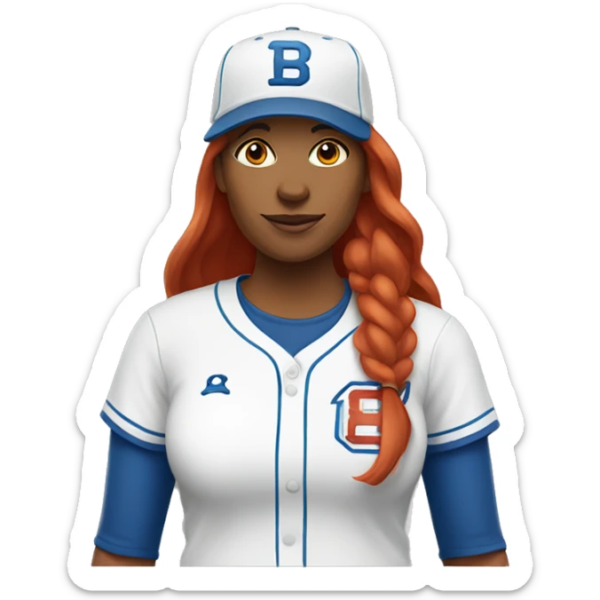 front facing, standing female coach with long red hair, wearing a white t-shirt and a simple blue baseball hat sticker