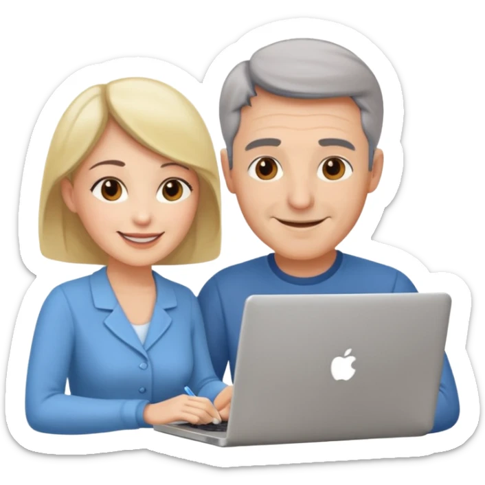 a middle aged man and a womanlooking at laptop and writing and smiling sticker