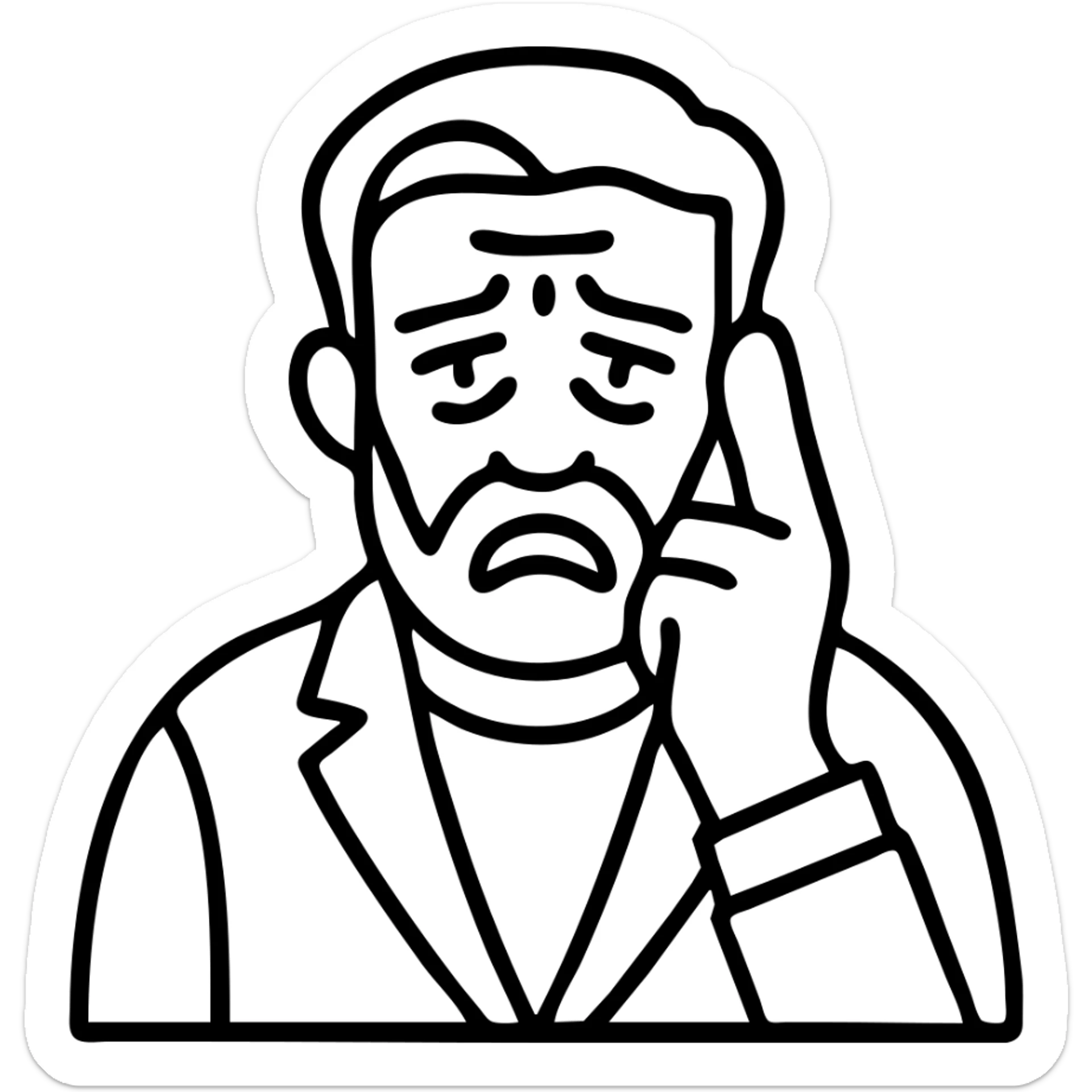 Make the frustrated bearded man look older with wrinkles and gray hair. Keep the tense expression and gesture. Remove background. sticker