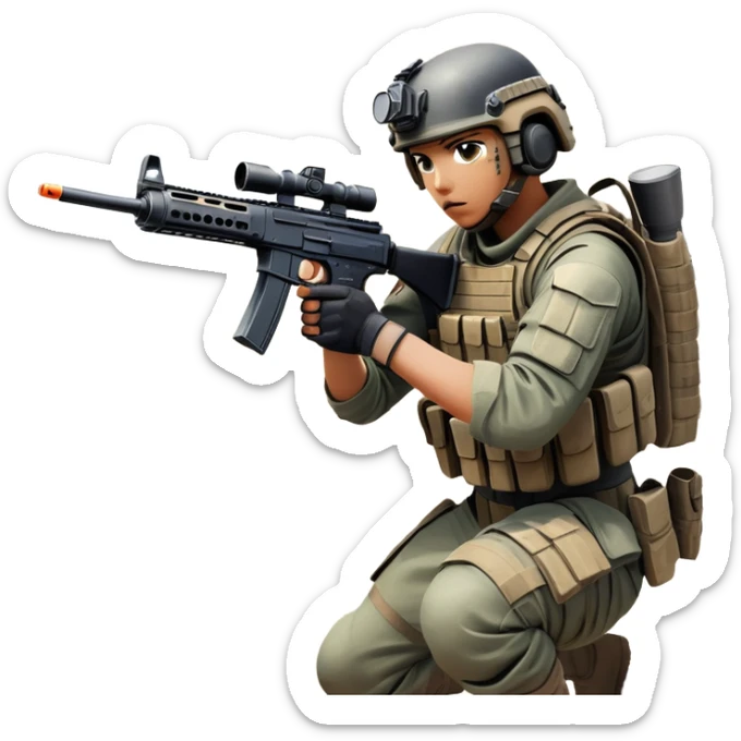 A skilled airsoft player in tactical gear, aiming a gun and shooting metal BBs in a desolate, ruined landscape. The setting is filled with broken walls and debris, creating a tense atmosphere of strategy and precision in a high-stakes tactical environment sticker