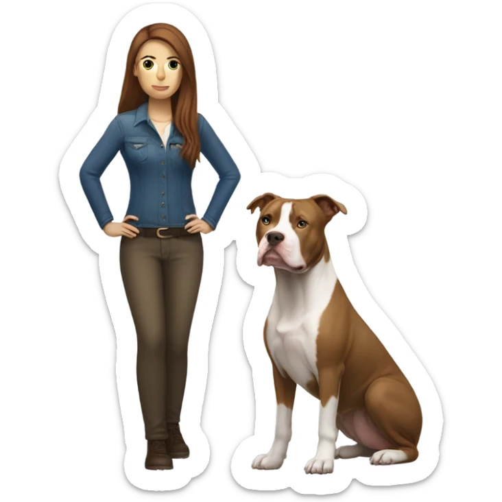 white woman with straight long brown hair standing alongside a white pitbull sticker