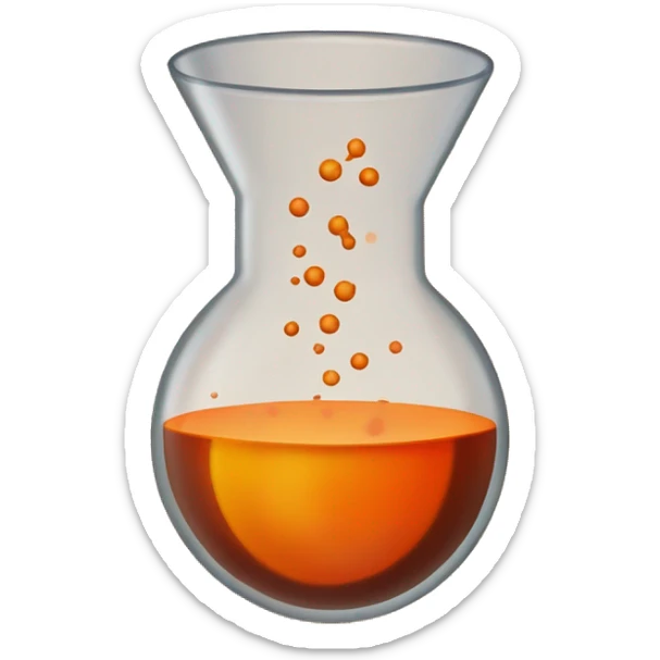 Redish Brown Bromine with an orange aroma in a circular beaker with a tan cork in the top of the beaker sticker