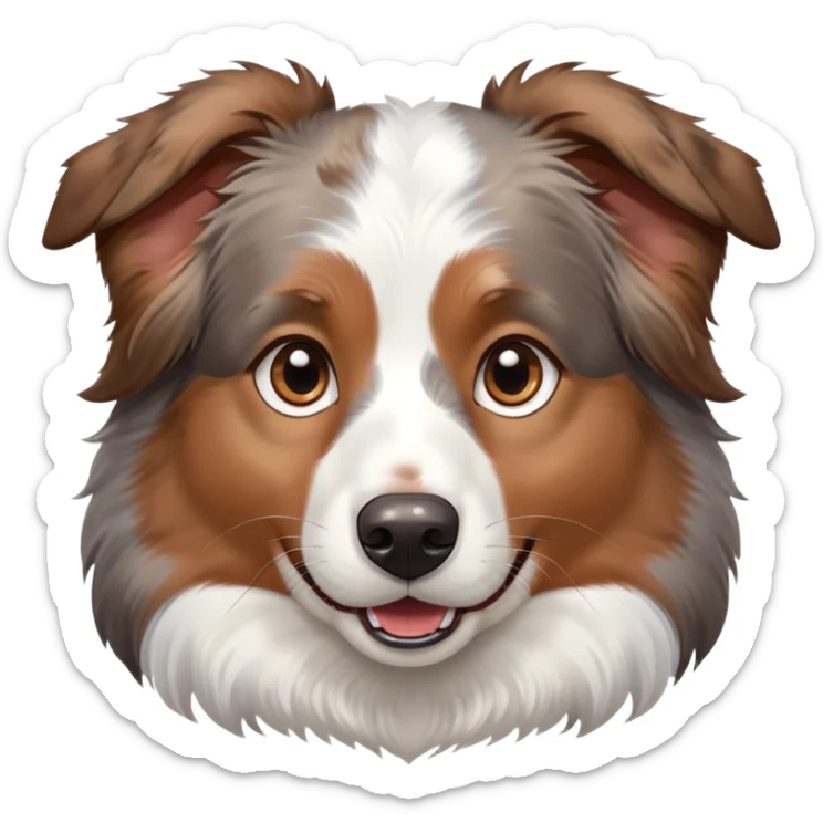 cute close-up of Australian Shepherd dog face, adorable expression, detailed heterochromatic eyes (one blue one brown), fluffy fur with merle pattern, expressive ears, sweet smile sticker