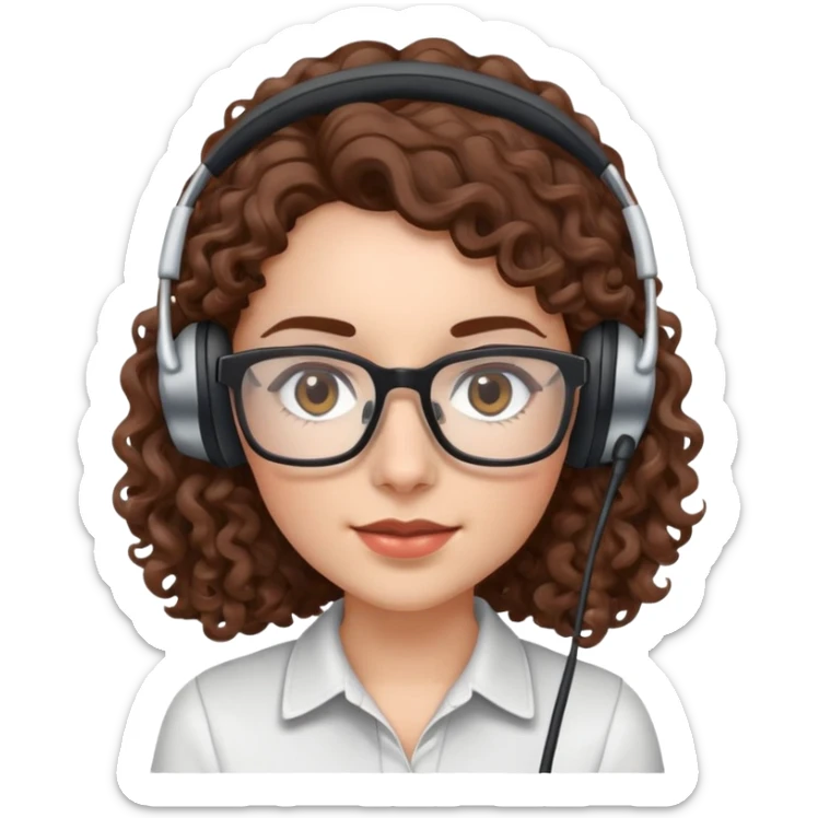 White female  Long Brown curly hair  Dark brown eyes  
 Small Square glasses  Headset  sticker