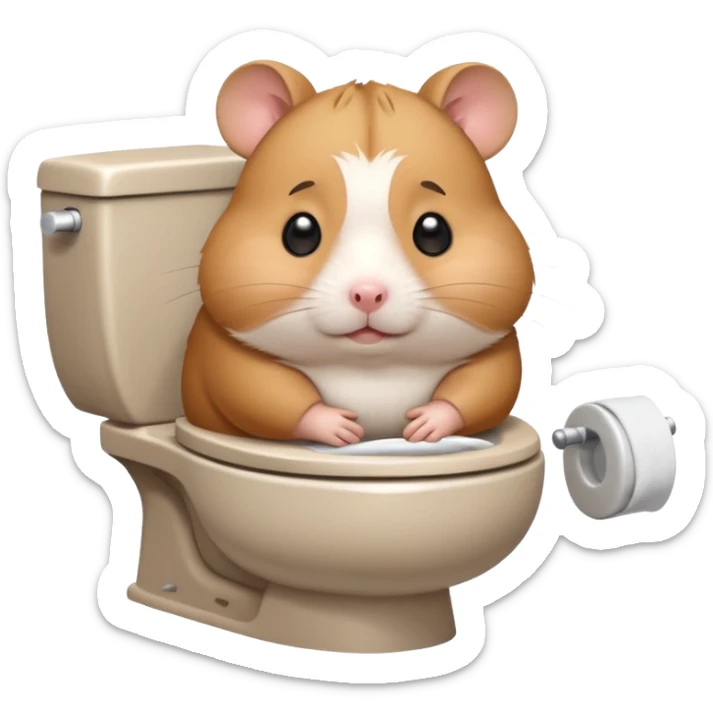 Cute chubby cartoon-style hamster sitting on toilet looking as if he had an accident, sticker-style illustration sticker
