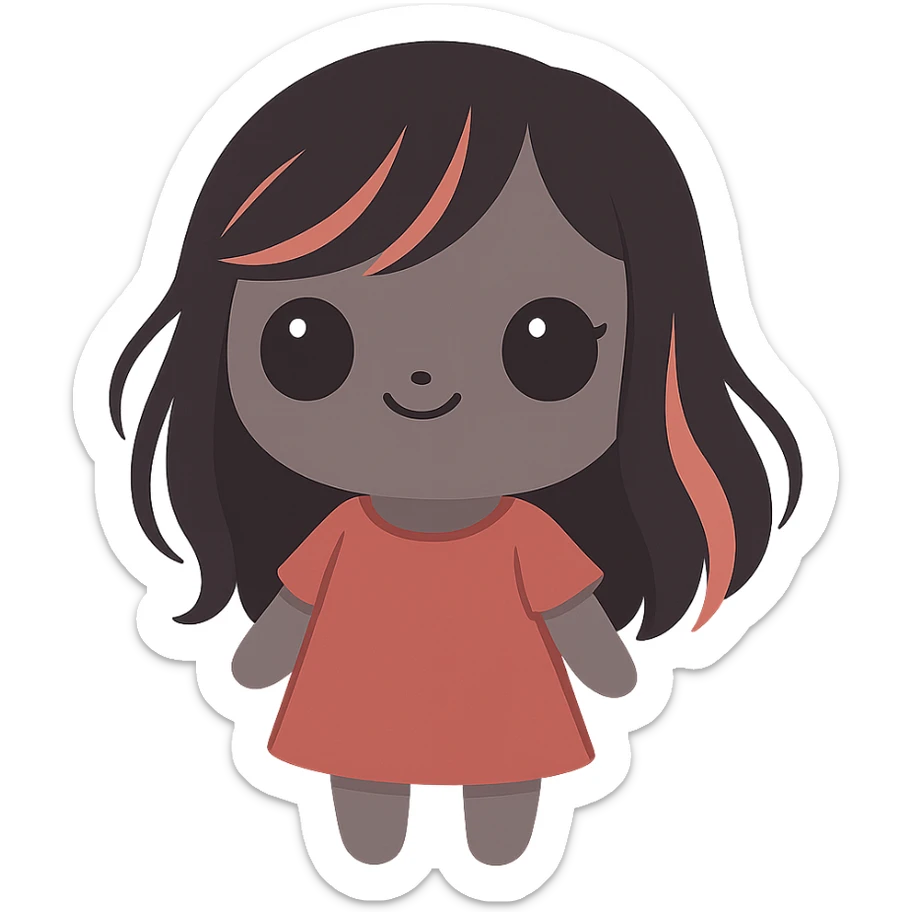Add a red dress, remove ears, keep long black and red hair, keep the original style, no background. sticker