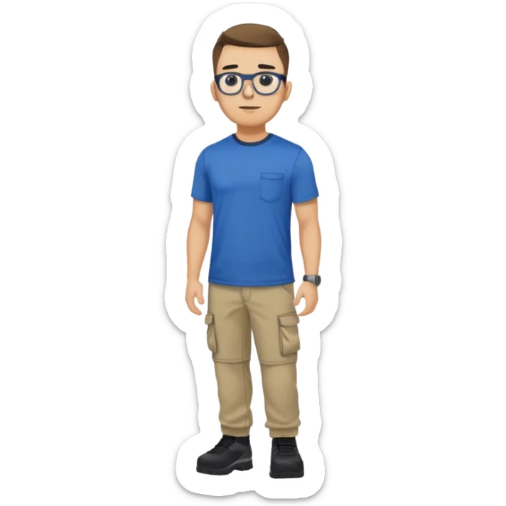 30,000 lb man with glasses and blue stretch t-shirt, black cargos sticker