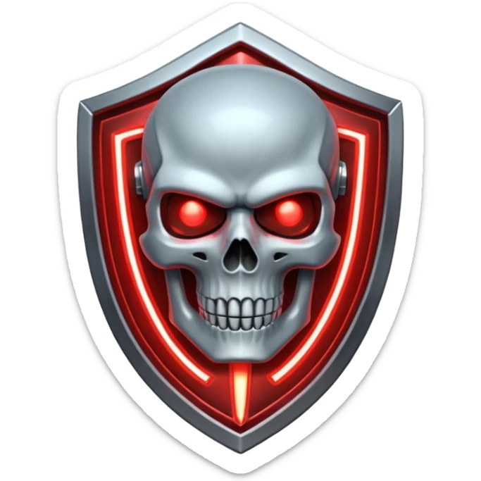 Sci-fi shield badge, terminator style skull, glowing red eyes, crossed futuristic light sable and energy sword, no background sticker
