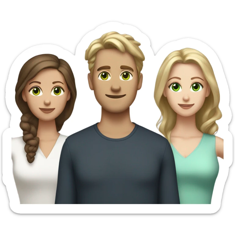 A white man with green eyes and medium brown wavy hair between two women, one white with blue eyes and dirty blond hair in a bun and the other woman white with long brown hair and brown sticker