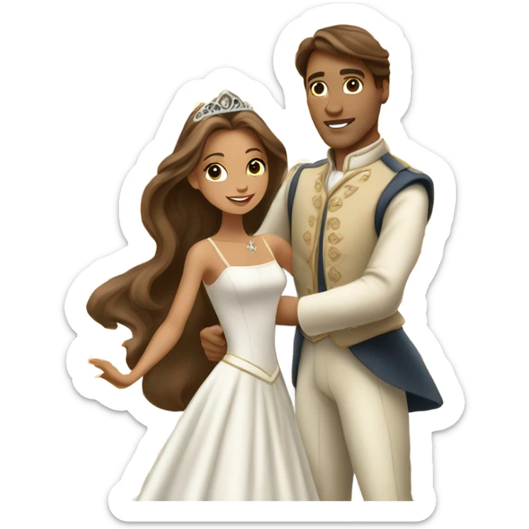 a princess with long brown hair and tan skin  dancing with a prince sticker