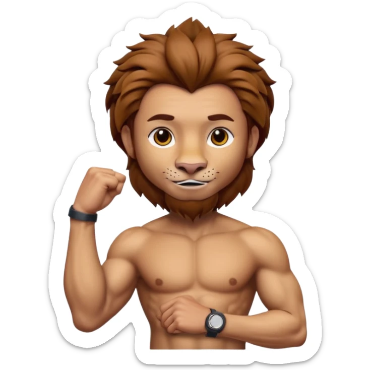 A 3D cartoon man with a detailed lion head tattoo on his upper arm, strong pose, smooth shading, Memoji-style realism. sticker