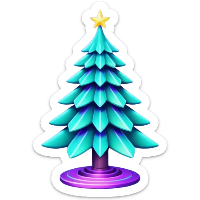 Futuristic glowing Christmas tree emoji with neon decorations, purple and cyan holographic glow, dark background, festive sparkles, no face. sticker