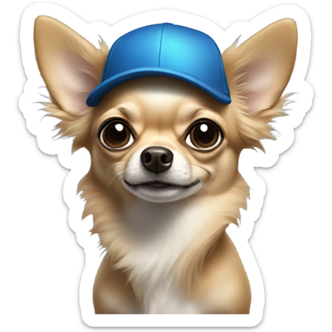 Chihuahua with long black hair held by old man with blue eyes goatee in ball cap sticker