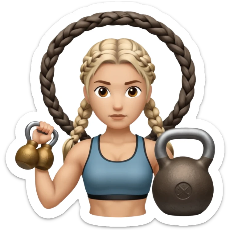 Una Kettlebell con la parte delantera con una vikinga que sea mujer con trenzas sticker