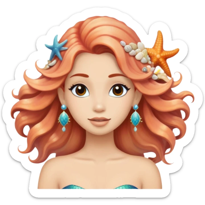 mermaid with seashells in hair, starfish earrings, ocean hair sticker