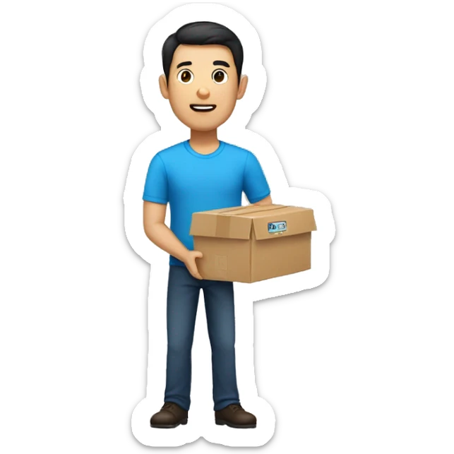 china man in blue shirt, dark hair, and holding a shipping box sticker