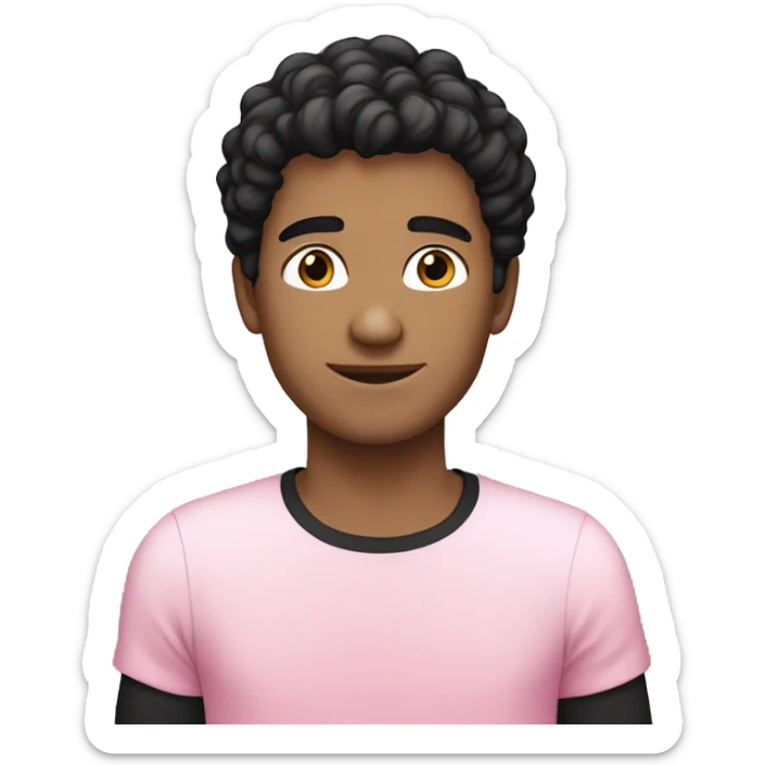 23 year old man white skin,  black hair long, pink t-shirt sticker