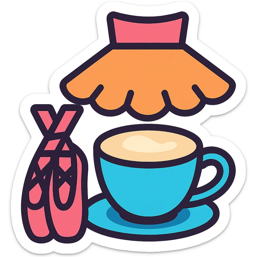 a cappuccino cup with ballet shoes and a pinkish-orange tutu, icon style sticker