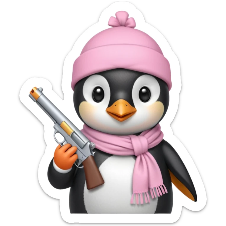 cute penguin wearing light pink bow scarf not on head and holding light pink gun  sticker