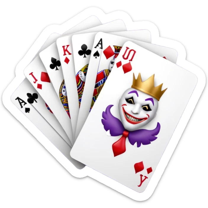 A 3D cartoon set of playing cards with a visible joker card, neat layout, soft shadow, realistic Memoji-style. sticker