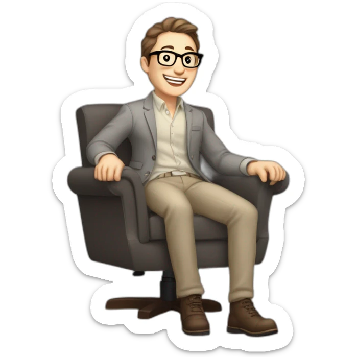 Joyful Celebrating victory thrumb up Pale skinned Fit Man With dark brown hair in gray jacket, beige office shirt, Brown pants and vintage glasses sitting In a soft chair sticker
