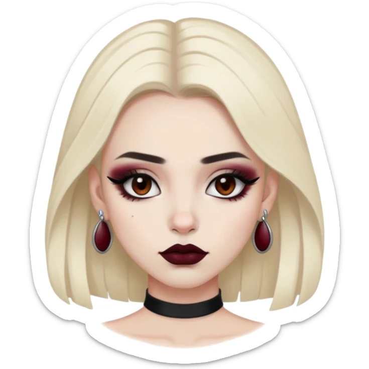 closed neck open septum piercing brown eyes black eyeshadow and burgundy lipstick sticker