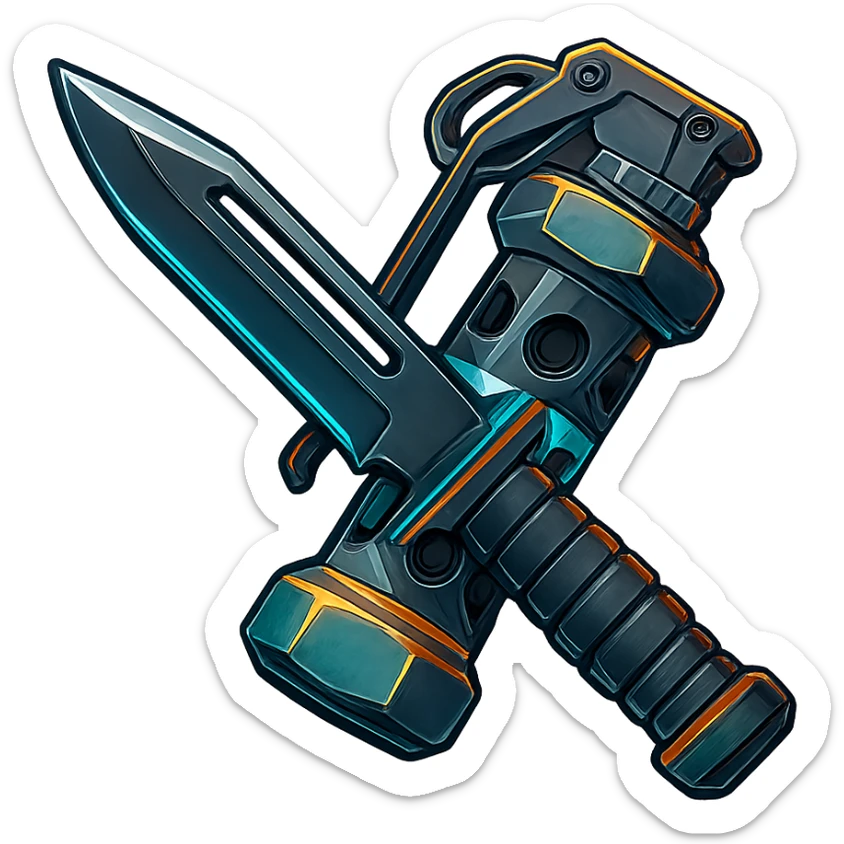 the image is the icon for a videogame  item. futuristic cyberpunk -ready to equip- it is master craftsmanship [ unequipped item ]
It is a crossed combat knife and flashbang - neatly staged 3/4 profile view - orthographic horizontal perspective sticker