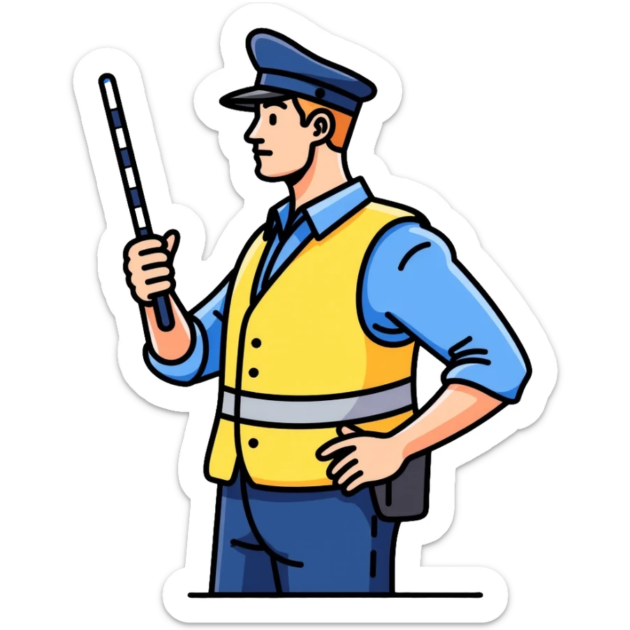 Russian traffic police officer with reflective vest, blue uniform, peaked cap, directing traffic with striped baton sticker