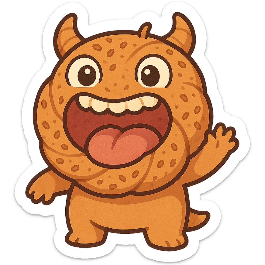 playful Turkish simit monster with a simit as its mouth, cartoonish eyes, fun whimsical expression sticker