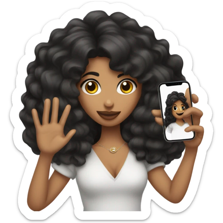 Chica morena con cabello rizado y ojos negros con iPhone 14 en la mano sticker