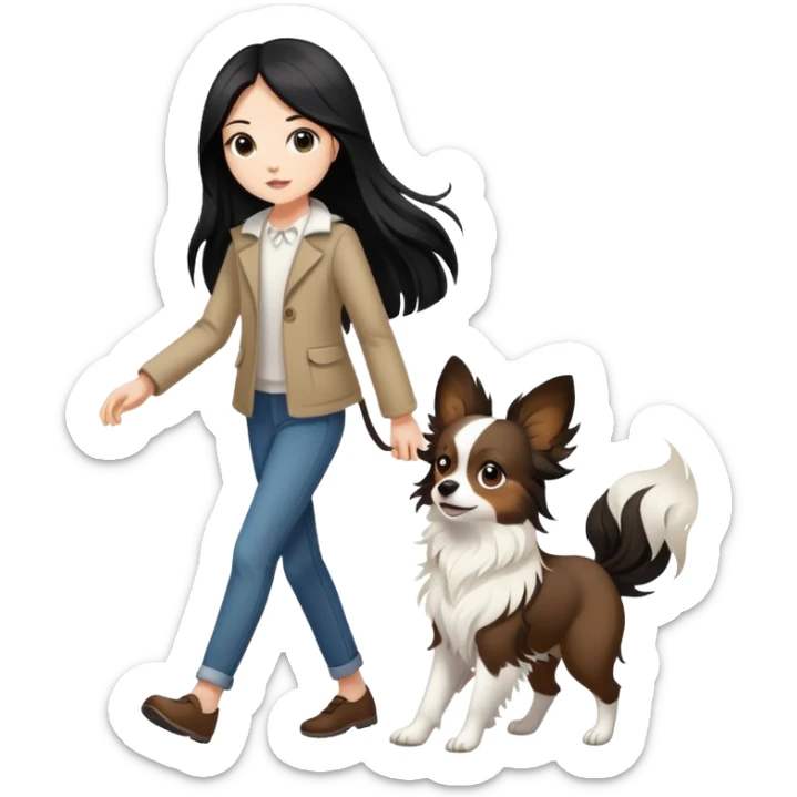 A girl with long black hair walks a brown and white papillon sticker