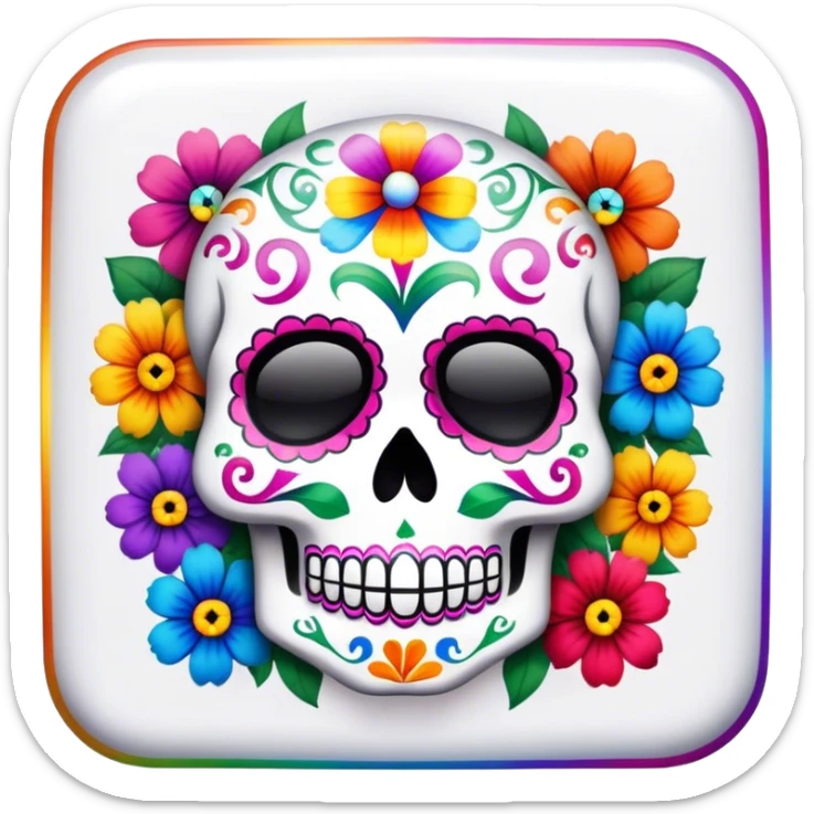 Beveled square shaped button with day of the dead sugar skull and rainbow colored flowers in the center sticker
