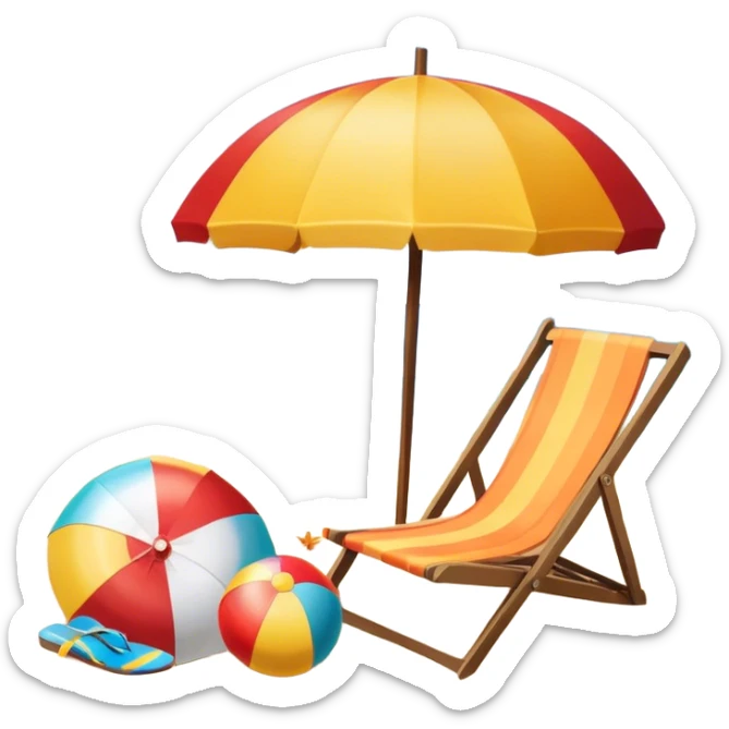 Icon for Beach Tourism: a sandy beach with a sun umbrella, beach ball, and flip-flops, with the ocean waves in the background. The icon should capture the relaxation and fun of a beach vacation. Transparent background sticker