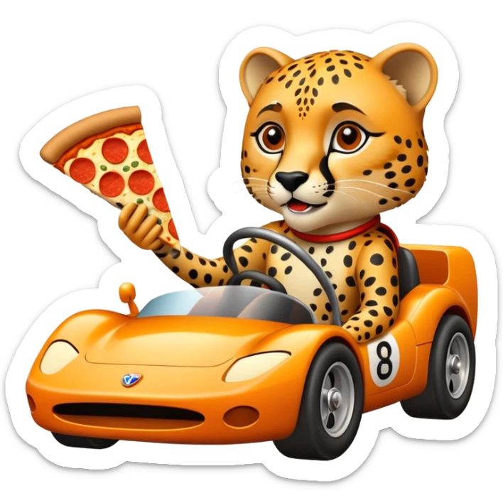A cheetah in a race car eating a slice of pizza sticker