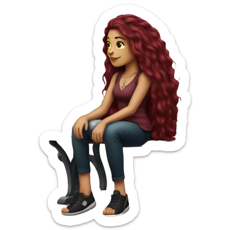 Beautiful tattooed burgundy long haired woman sitting on a bench sticker