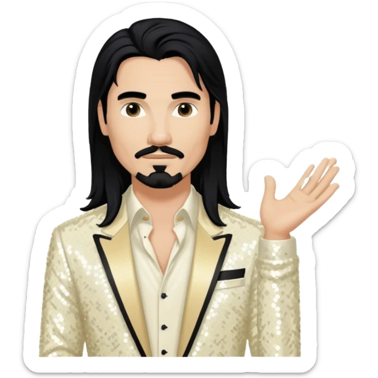Kevin Richardson from Backstreet Boys with long black hair, ivory sequin outfit sticker