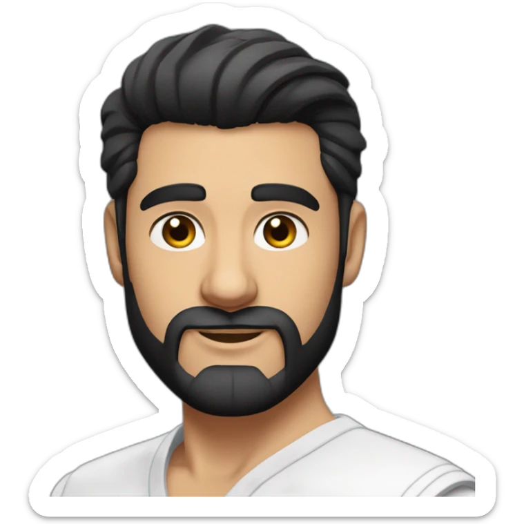 close up of white skin indian in plain white shirt with sleeve up and quiff black hair style and beard sticker