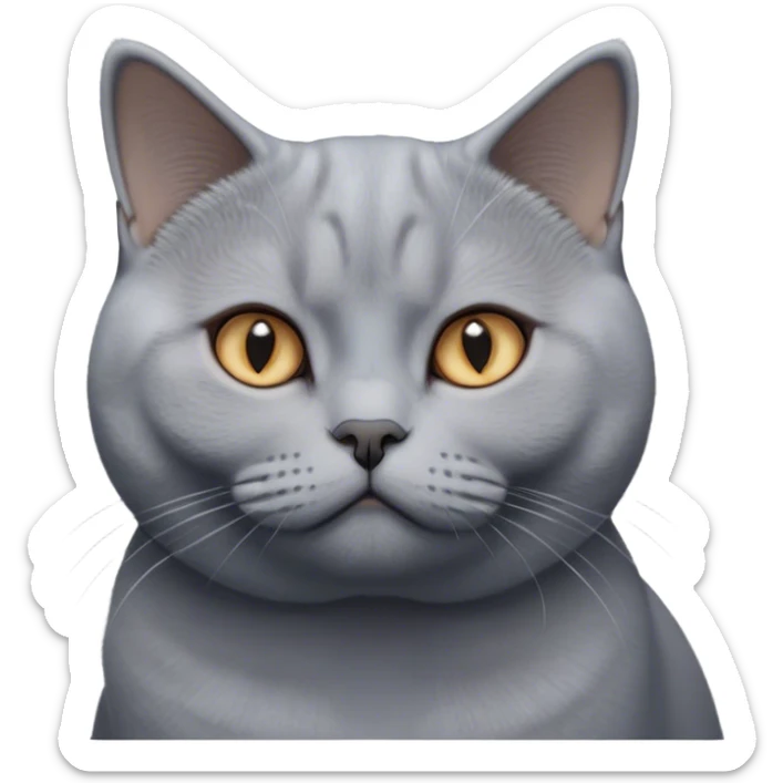 Cinematic Elegant Grey British Shorthair Cat Portrait Emoji, Head tilted slightly with a scrunched, iconic British Shorthair face, sleek soft grey fur with subtle blue undertones, Simplified yet sharp features, highly detailed, glowing with a warm, confident glow, high shine, poised and regal, stylized with an air of grace, focused and attentive, soft glowing outline, capturing the essence of calm elegance and quiet charm, so lifelike it feels as though it could turn its head and give a dignified meow at any moment! sticker