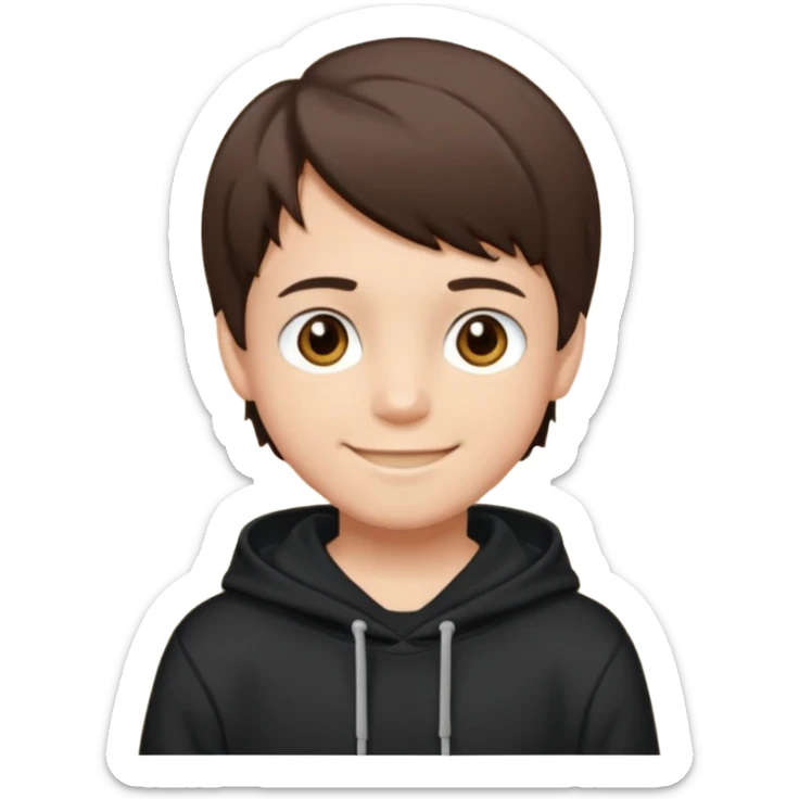 A brunette boy, short straight hair, light brown eyes, with a black sweatshirt with a hoodie, and smile  sticker