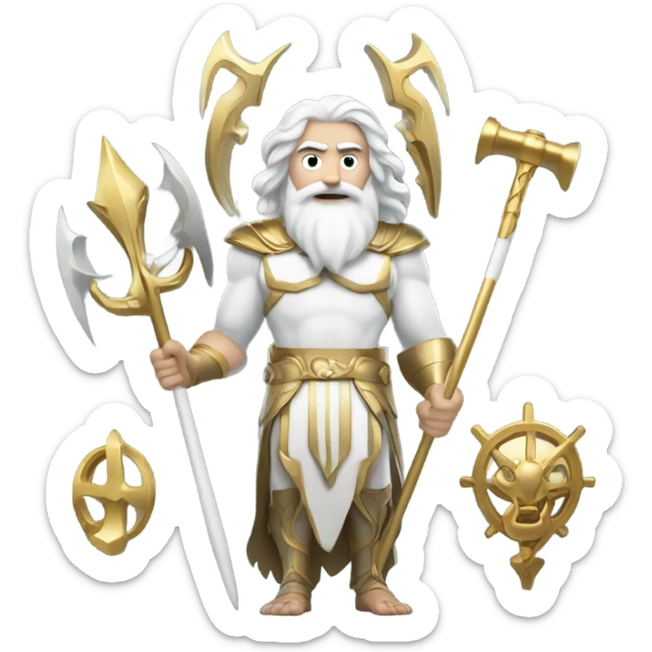 white man Poseidon with gold Trident. long white hair white dress.  with mechanic tools sticker