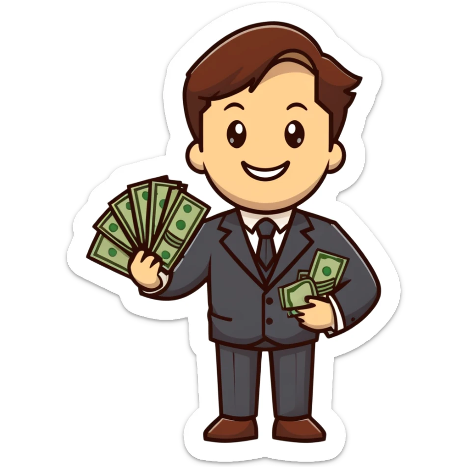 white male in a suit with money in his hand, smiling expression, happy face, brown hair sticker