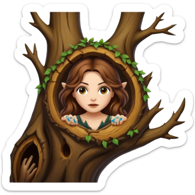 ute forest witch woman long wavy brown hair tattoos peeking from tree hollow sticker