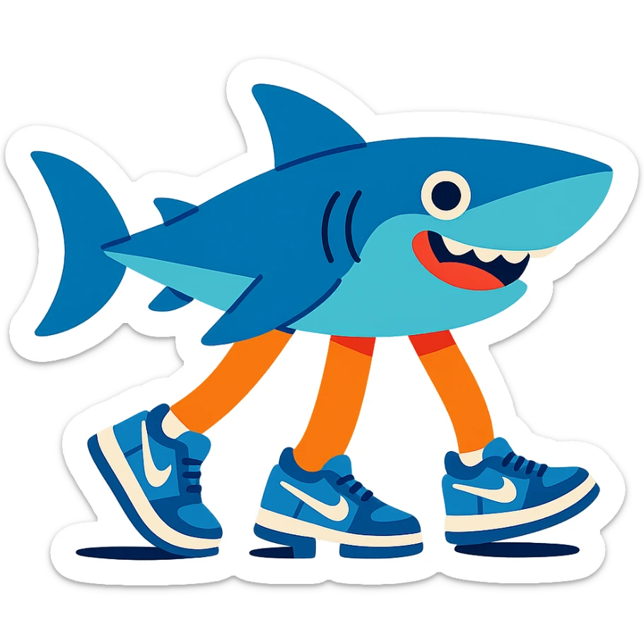 a stylized shark with three legs, each foot in a blue Nike tennis shoe, cheerful expression sticker