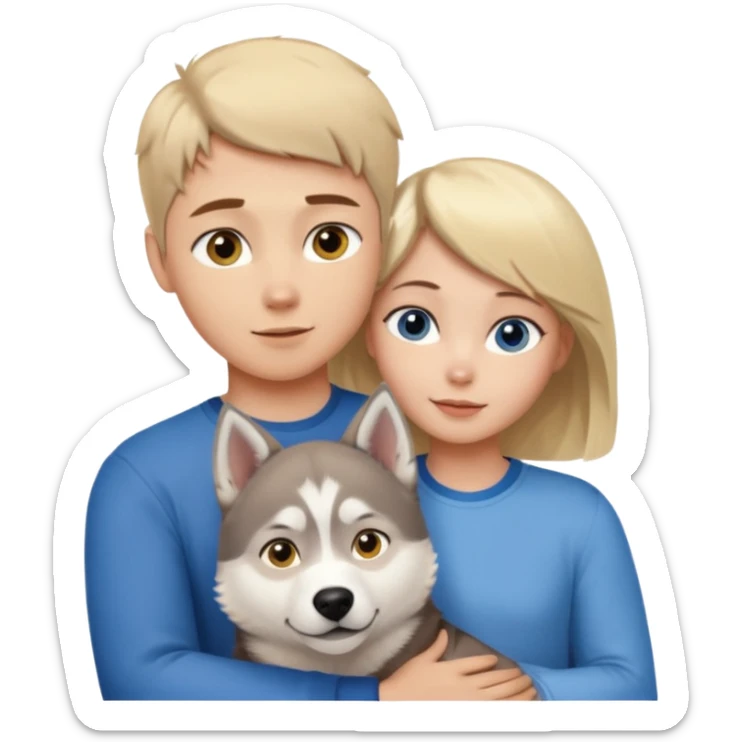 ragazza bionda occhi gialli capelli lisci biondo che abbraccia un husky occhi azzurri e un ragazzo bruno capelli corti e rasati occhi castani sticker