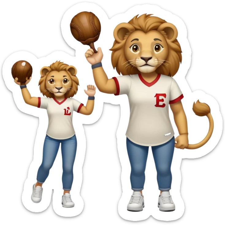 confident anthropomorphised female lion wearing a baseball shirt, jeans, and trainers, lifting an object sticker