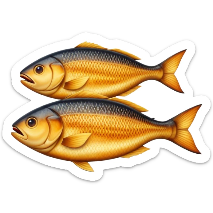 Gradele Cinematic Realistic Gradele Dish Emoji, depicted as 2 perfectly grilled fish with prominent grill marks and a smoky finish, rendered with vivid textures and dynamic, natural lighting. sticker