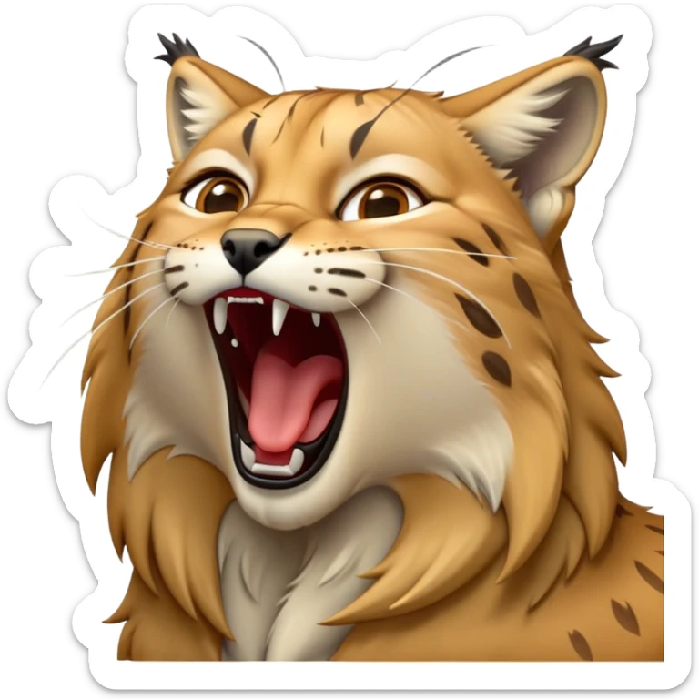 Cinematic-detailed-Yawning-Lynx-Portrait-Emoji – Head tilted slightly with a dramatic, wide-open yawn, revealing a sleek golden-brown fur coat with subtle spots, signature black ear tufts standing tall, round amber eyes barely open in drowsy contentment zoomed out to show the shoulders sticker